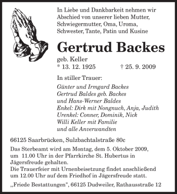 Traueranzeigen Von Gertrud Backes Saarbruecker Zeitung Trauer De