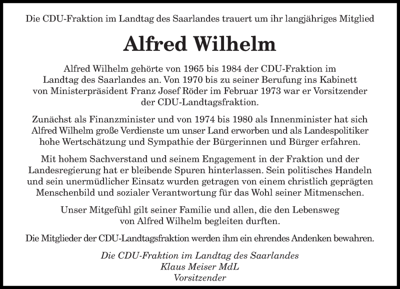  Traueranzeige für Alfred Wilhelm vom 09.04.2015 aus saarbruecker_zeitung