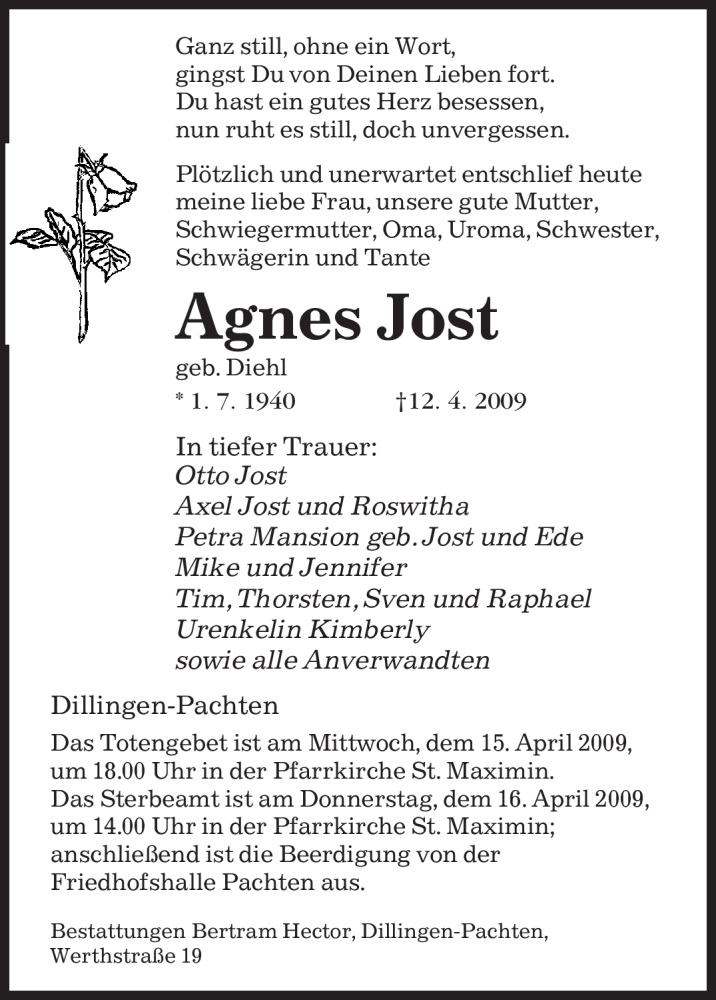 Traueranzeigen Von Agnes Jost Saarbruecker Zeitung Trauer De