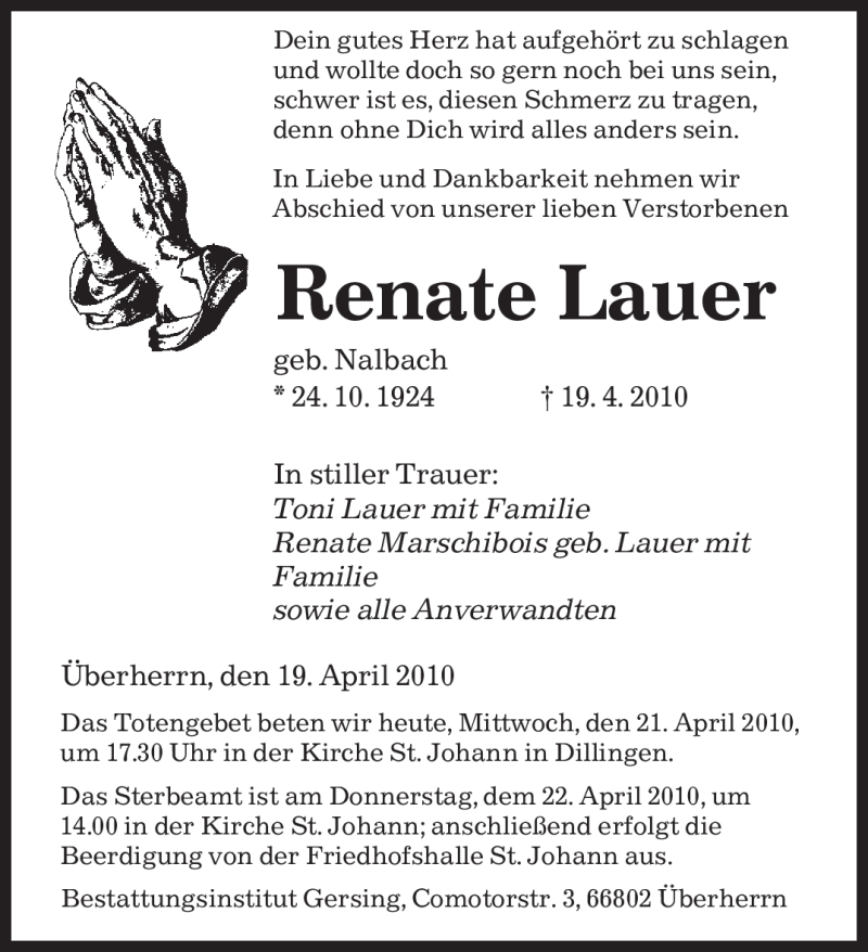 Traueranzeigen Von Renate Lauer Saarbruecker Zeitung Trauer De