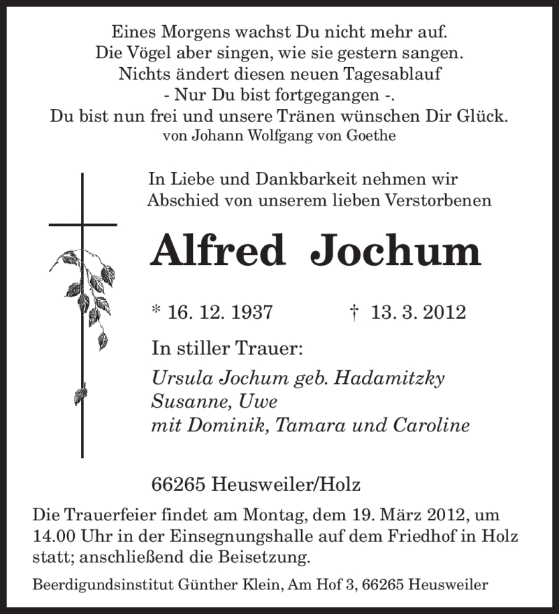 Traueranzeigen Von Alfred Jochum Saarbruecker Zeitung Trauer De