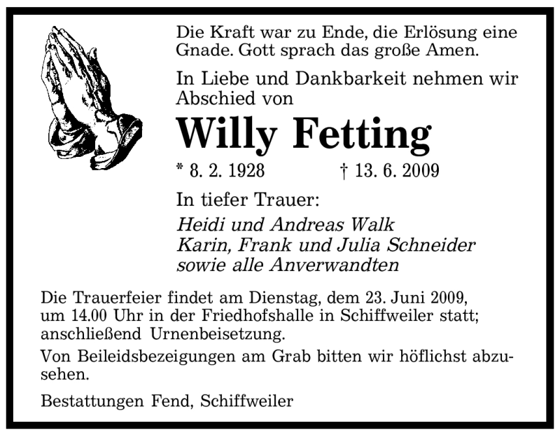 Traueranzeigen Von Willy Fetting Saarbruecker Zeitung Trauer De