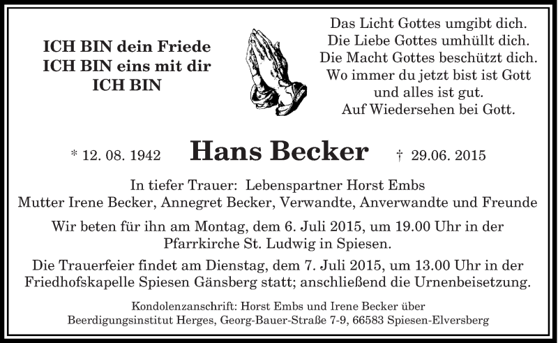  Traueranzeige für Hans Becker vom 03.07.2015 aus saarbruecker_zeitung