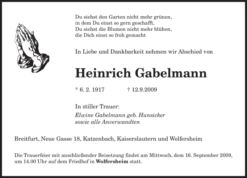 Traueranzeigen Von Heinrich Gabelmann Saarbruecker Zeitung Trauer De