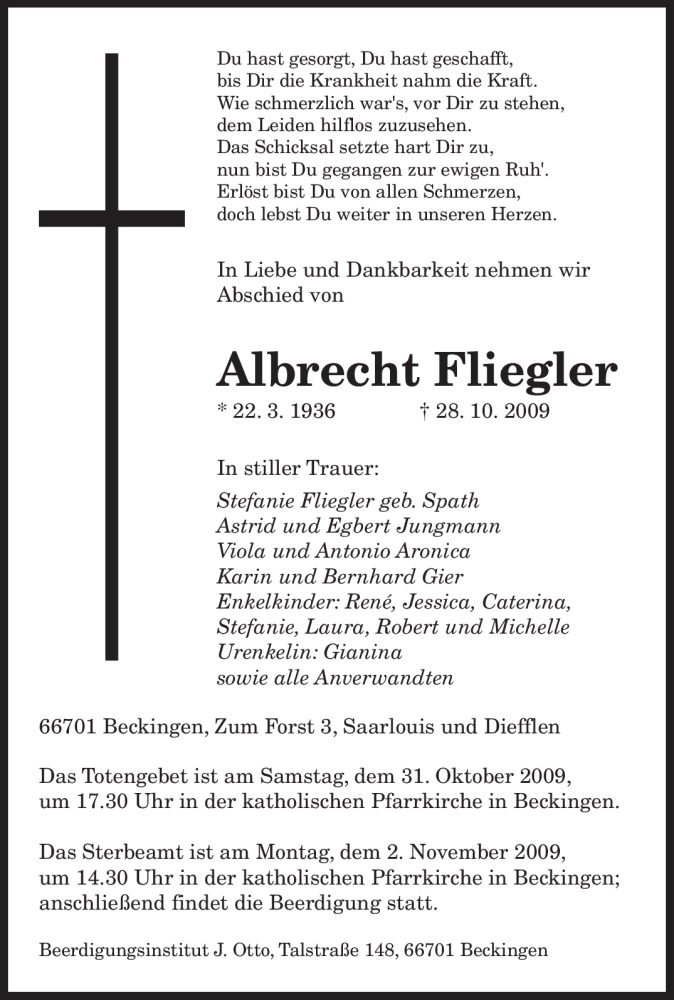 Traueranzeigen Von Albrecht Fliegler Saarbruecker Zeitung Trauer De