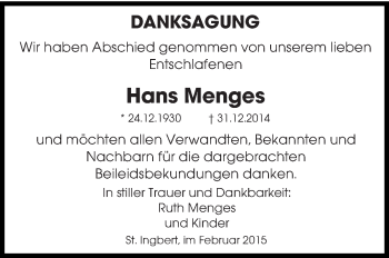 Traueranzeige von Hans Menges von saarbruecker_zeitung