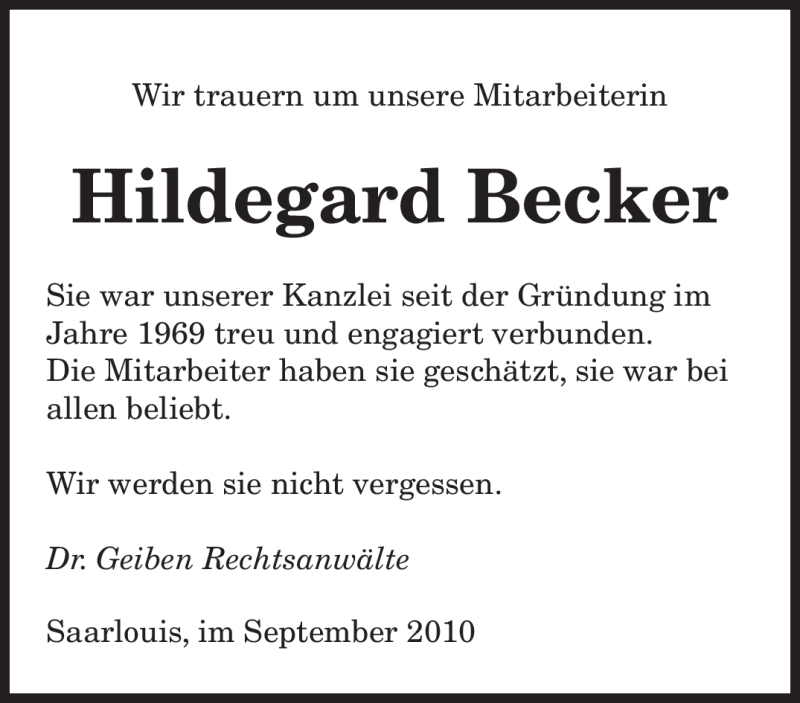 Traueranzeigen Von Hildegard Becker Saarbruecker Zeitung Trauer De