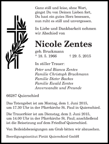 Traueranzeige von Nicole Zentes von saarbruecker_zeitung