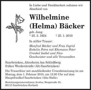 Traueranzeigen von Wilhelmine Bäcker Saarbruecker Zeitung Trauer de