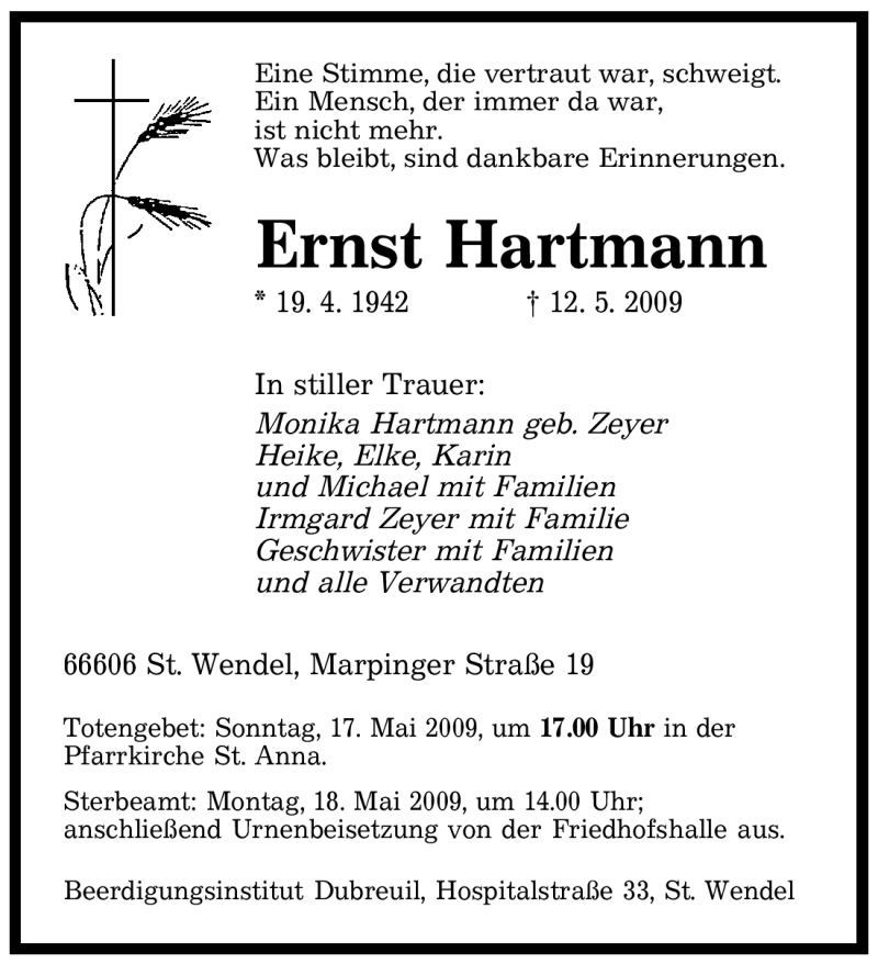 Traueranzeigen Von Ernst Hartmann Saarbruecker Zeitung Trauer De