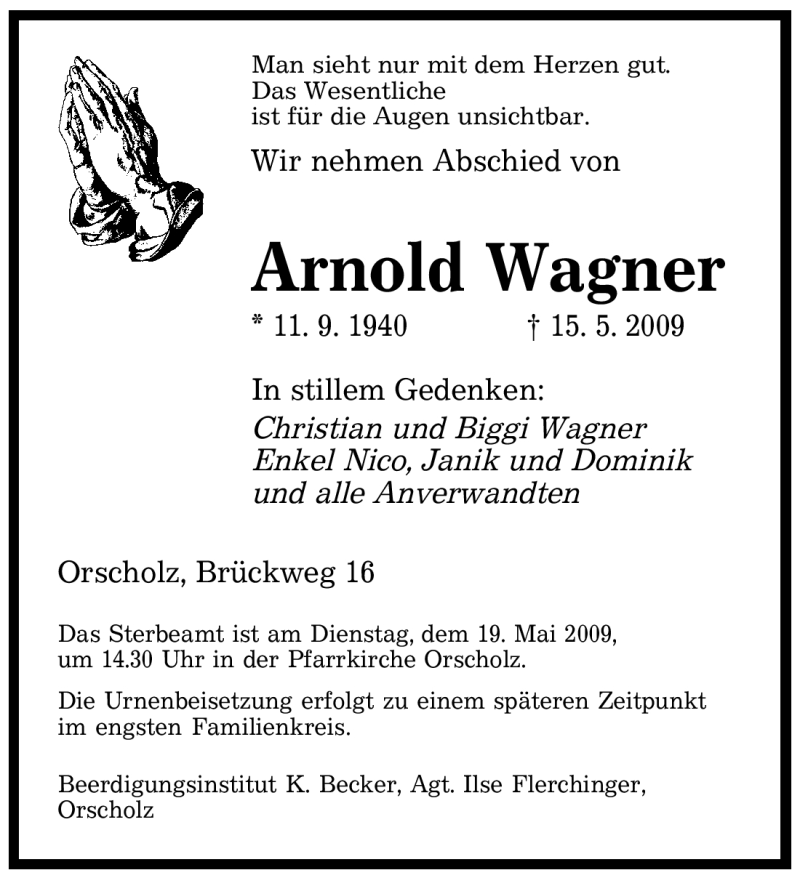 Traueranzeigen Von Arnold Wagner Saarbruecker Zeitung Trauer De