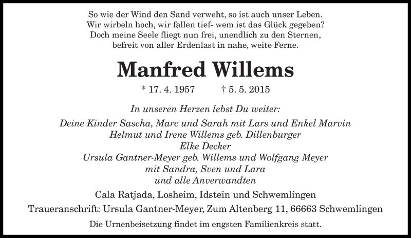  Traueranzeige für Manfred Willems vom 08.05.2015 aus saarbruecker_zeitung