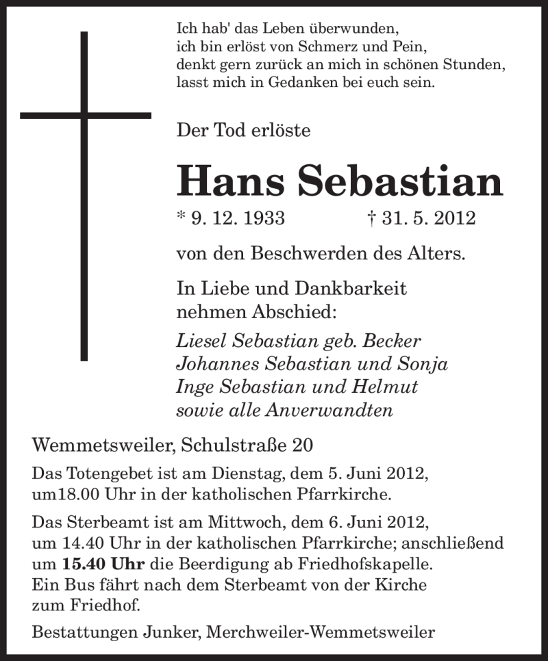 Traueranzeigen Von Hans Sebastian Saarbruecker Zeitung Trauer De