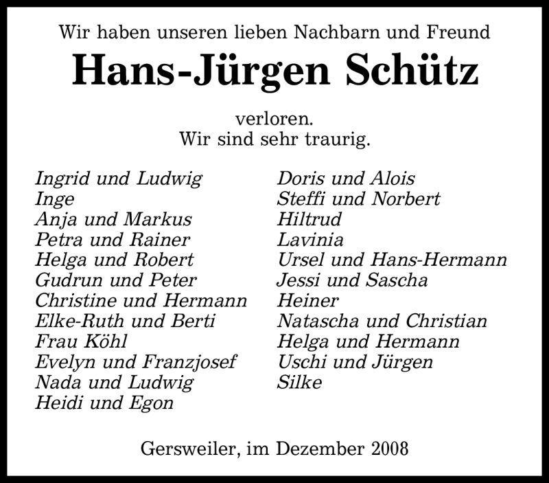 Traueranzeigen von Hans Jürgen Schütz Saarbruecker Zeitung Trauer de