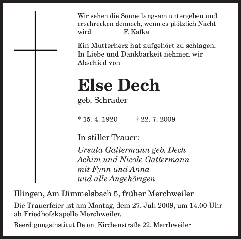 Traueranzeigen Von Else Dech Saarbruecker Zeitung Trauer De