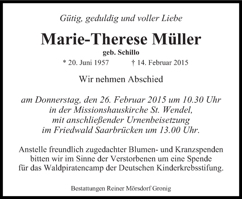  Traueranzeige für Marie-Therese Müller vom 21.02.2015 aus saarbruecker_zeitung
