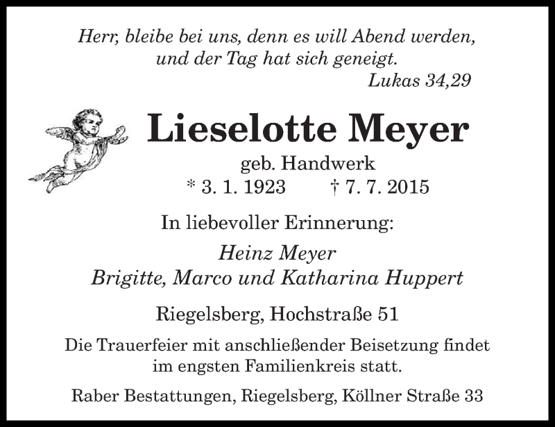  Traueranzeige für Lieselotte Meyer vom 10.07.2015 aus saarbruecker_zeitung
