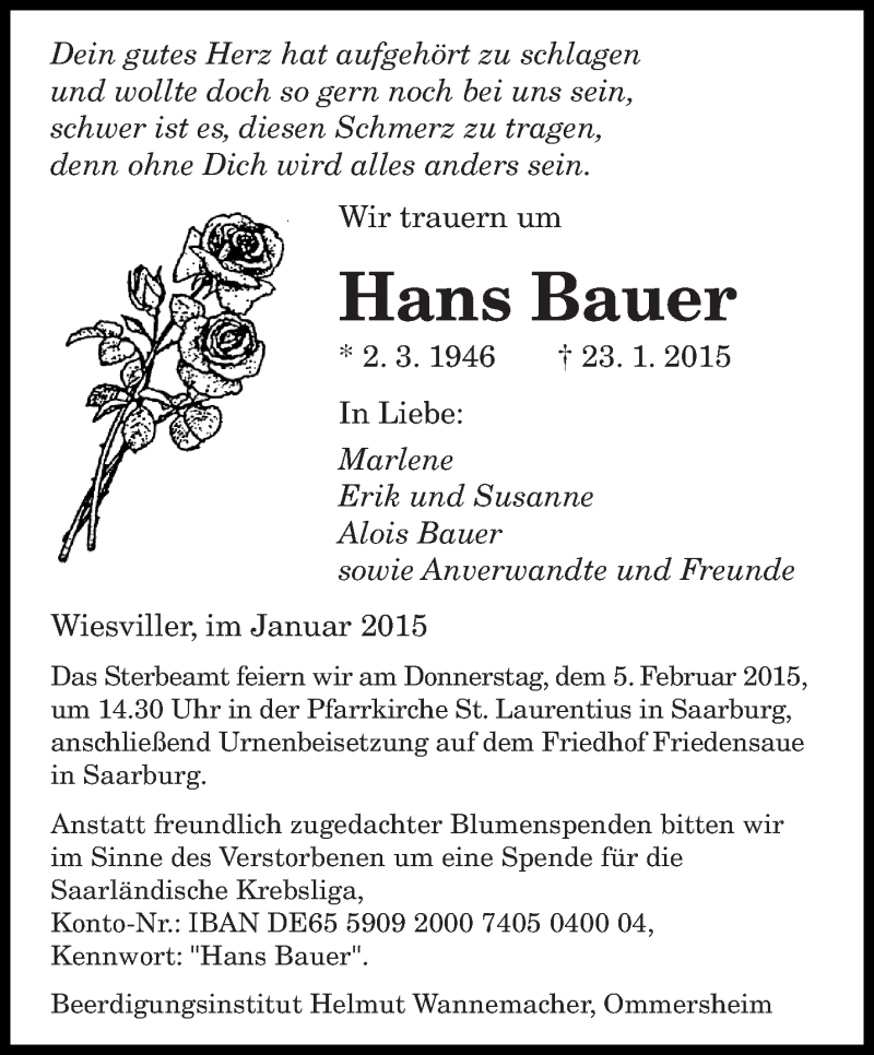  Traueranzeige für Hans Bauer vom 30.01.2015 aus saarbruecker_zeitung