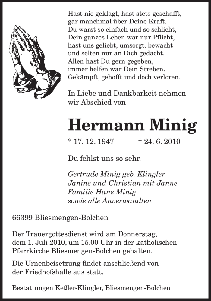 Traueranzeigen Von Hermann Minig Saarbruecker Zeitung Trauer De