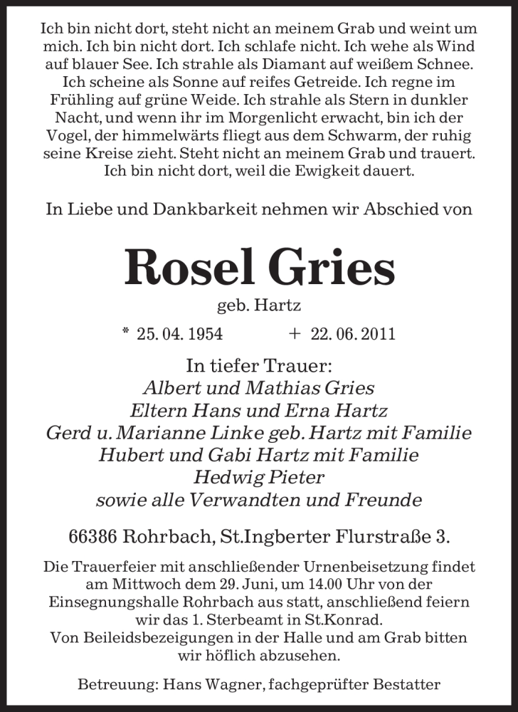 Traueranzeigen Von Rosel Gries Saarbruecker Zeitung Trauer De