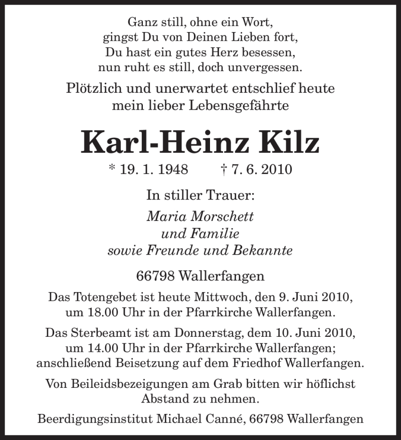 Traueranzeigen Von Karl Heinz Kilz Saarbruecker Zeitung Trauer De