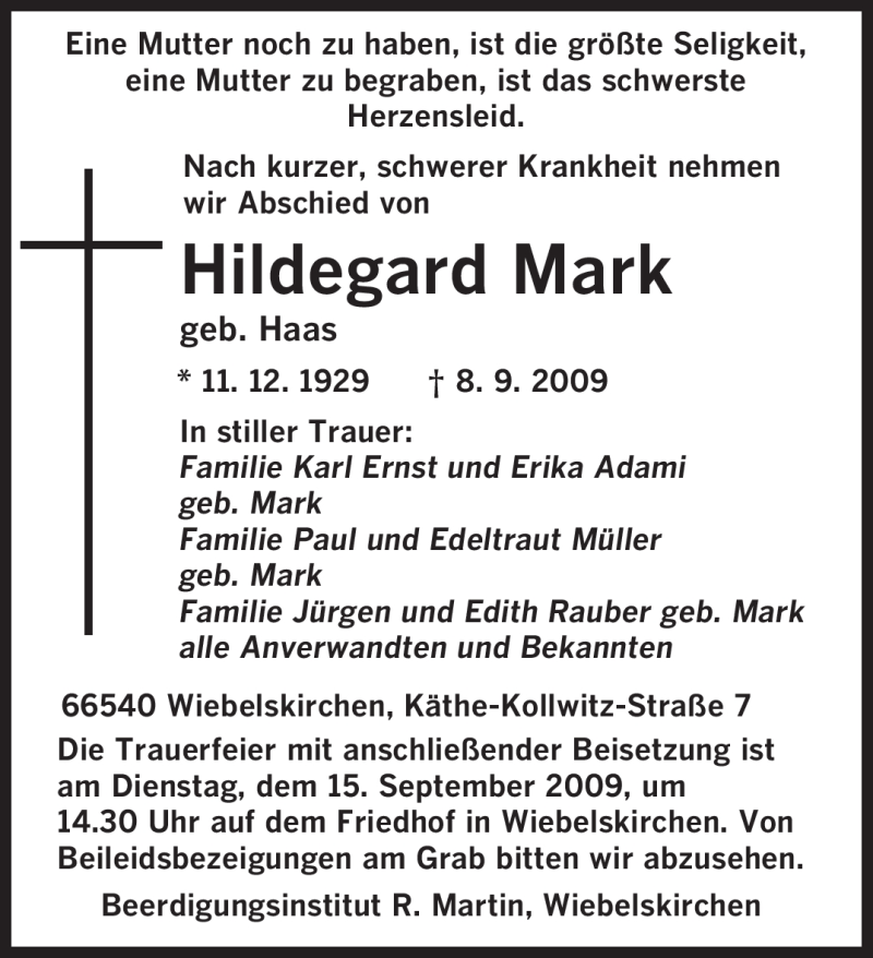 Traueranzeigen Von Hildegard Mark Saarbruecker Zeitung Trauer De