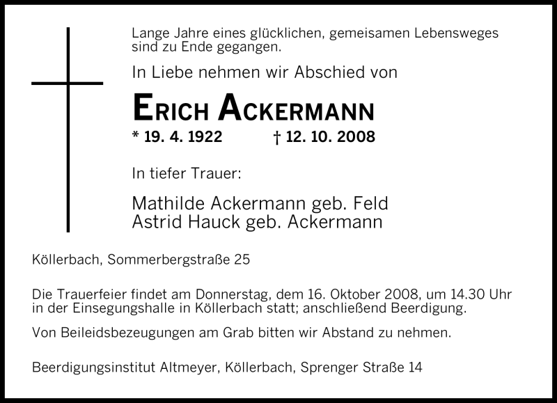 Traueranzeigen Von Erich Ackermann Saarbruecker Zeitung Trauer De