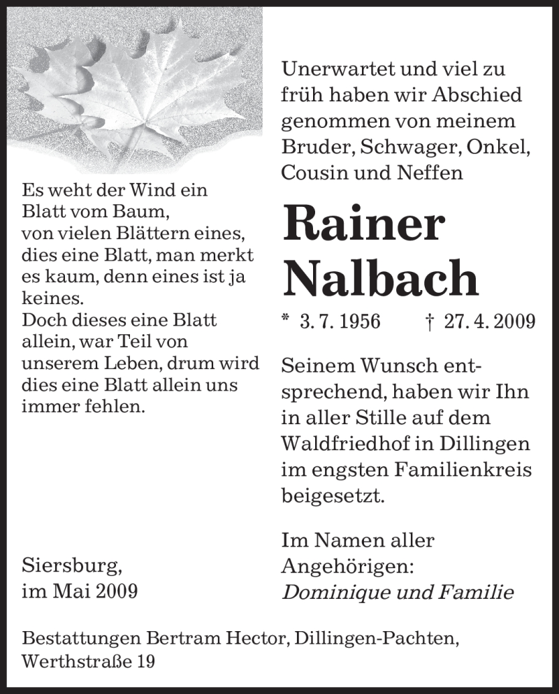 Traueranzeigen Von Rainer Nalbach Saarbruecker Zeitung Trauer De