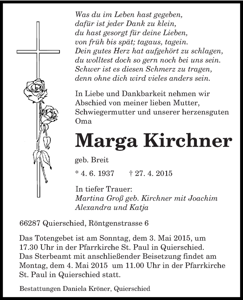  Traueranzeige für Marga Kirchner vom 02.05.2015 aus saarbruecker_zeitung
