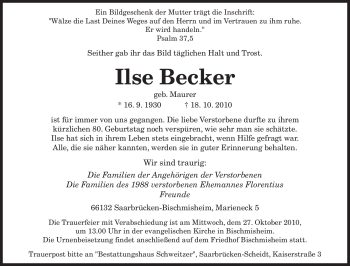 Traueranzeigen Von Ilse Becker Saarbruecker Zeitung Trauer De