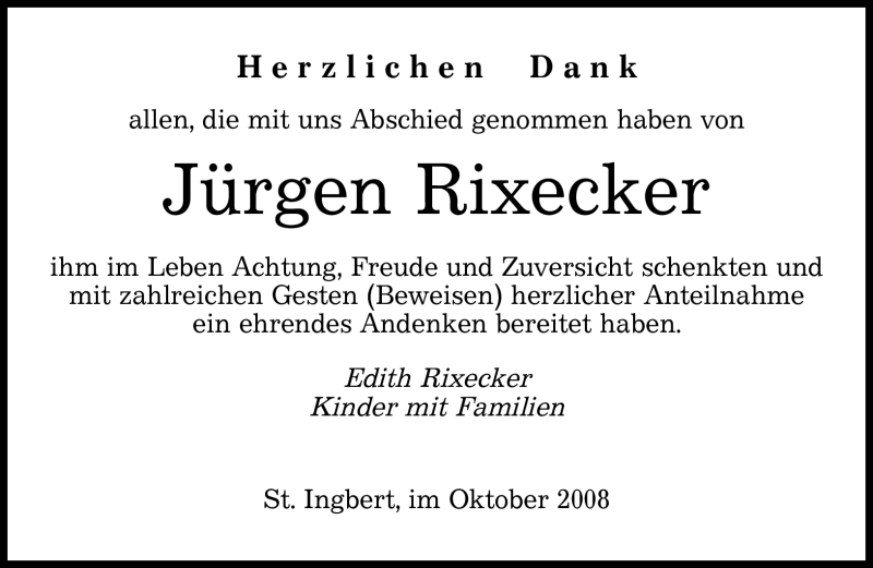 Traueranzeigen von Jürgen Rixecker Saarbruecker Zeitung Trauer de