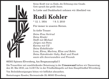 Traueranzeige von Rudi Kohler von SAARBRÜCKER ZEITUNG