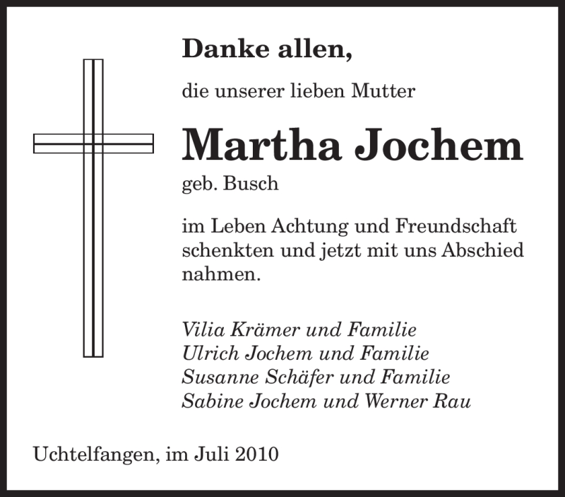 Traueranzeigen Von Martha Jochem Saarbruecker Zeitung Trauer De