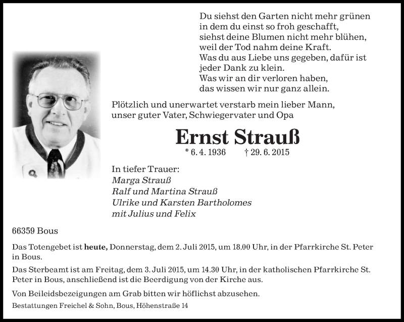  Traueranzeige für Ernst Strauß vom 02.07.2015 aus saarbruecker_zeitung