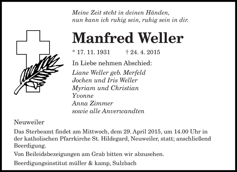  Traueranzeige für Manfred Weller vom 25.04.2015 aus saarbruecker_zeitung