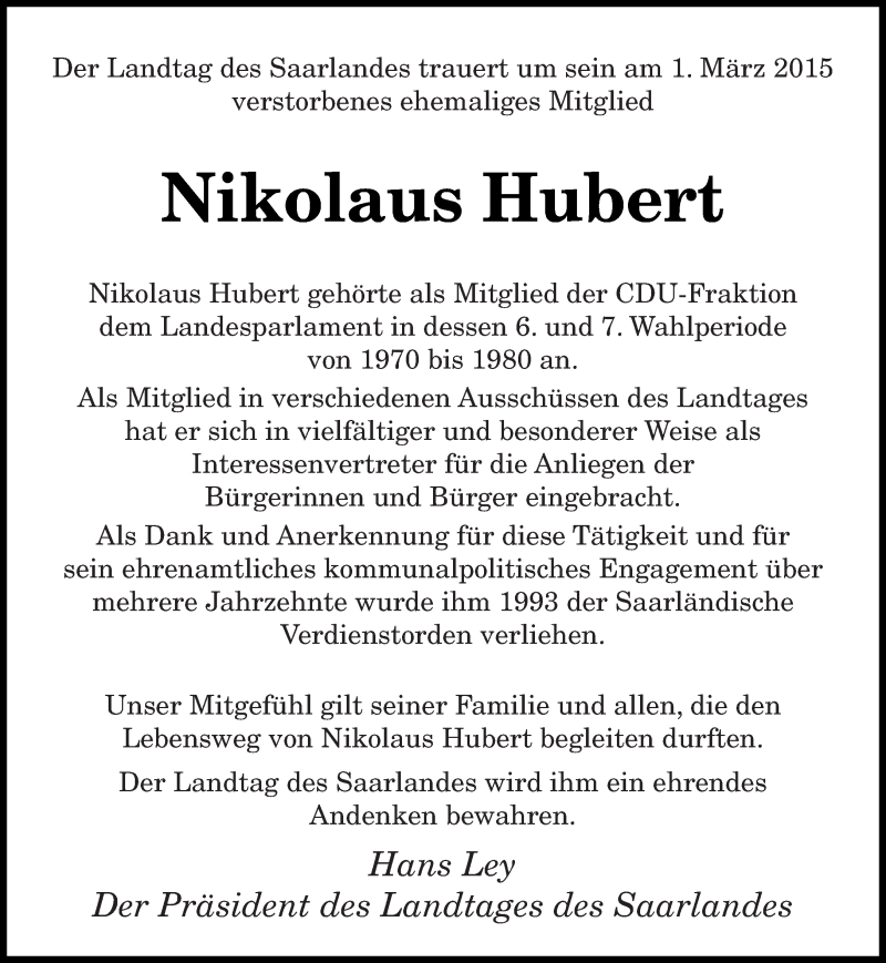  Traueranzeige für Nikolaus Hubert vom 04.03.2015 aus saarbruecker_zeitung
