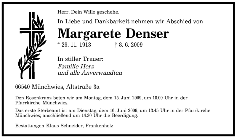 Traueranzeigen Von Margarete Denser Saarbruecker Zeitung Trauer De