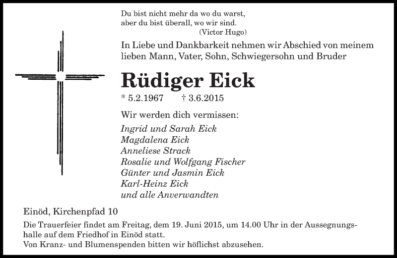  Traueranzeige für Rüdiger Eick vom 17.06.2015 aus saarbruecker_zeitung