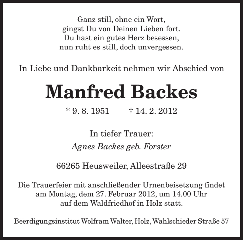 Traueranzeigen Von Manfred Backes Saarbruecker Zeitung Trauer De