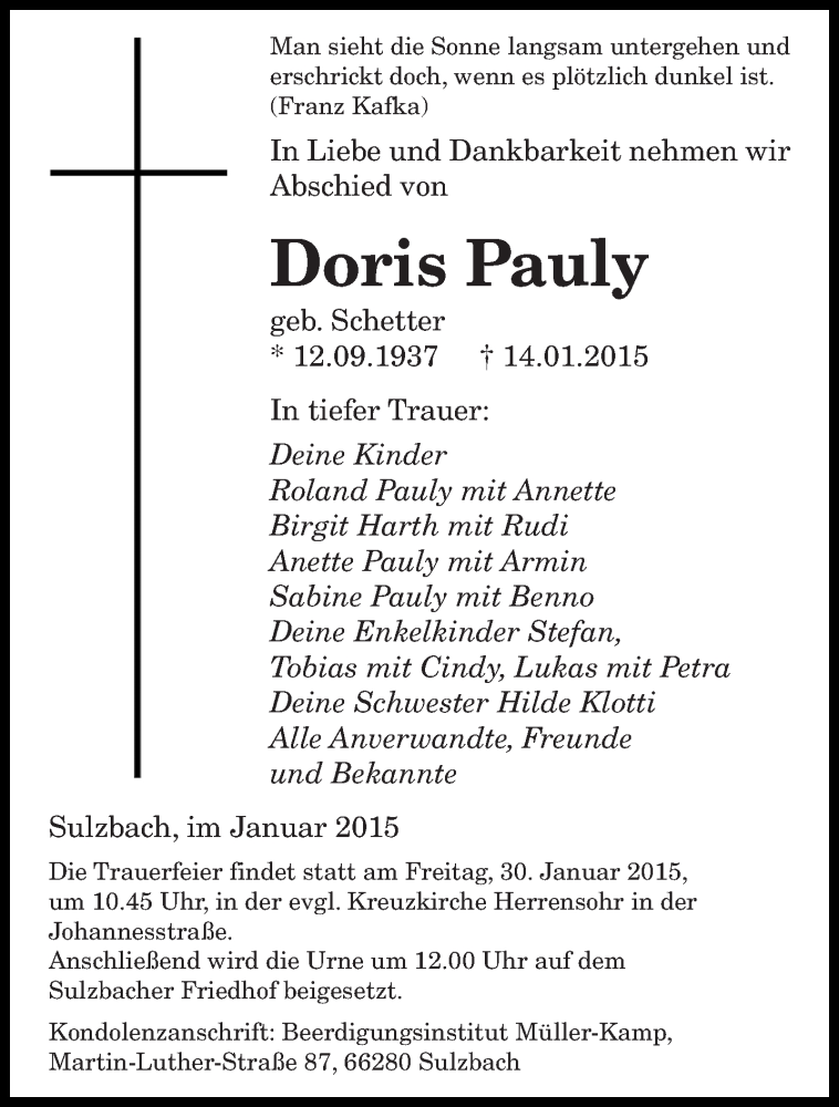 Traueranzeige für Doris Pauly vom 24.01.2015 aus saarbruecker_zeitung