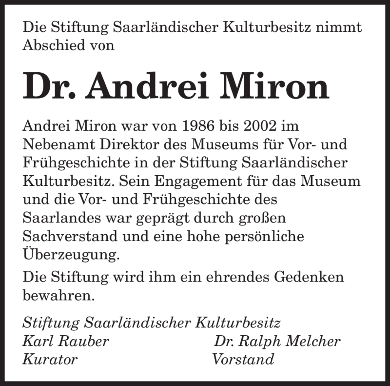  Traueranzeige für Andrei Miron vom 28.01.2011 aus SAARBRÜCKER ZEITUNG