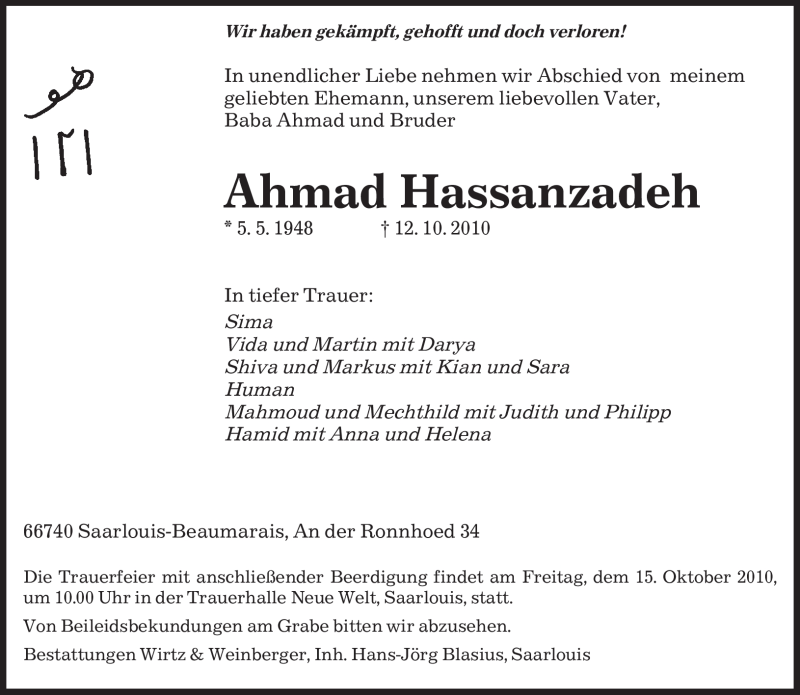  Traueranzeige für Ahmad Hassanzadeh vom 14.10.2010 aus SAARBRÜCKER ZEITUNG