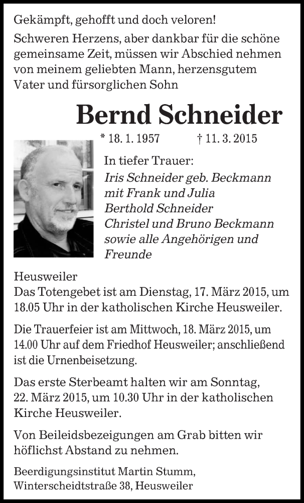  Traueranzeige für Bernd Schneider vom 16.03.2015 aus saarbruecker_zeitung
