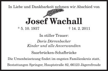 Traueranzeigen Von Josef Wachall Saarbruecker Zeitung Trauer De