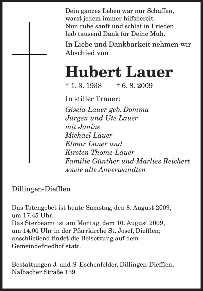 Traueranzeigen Von Hubert Lauer Saarbruecker Zeitung Trauer De