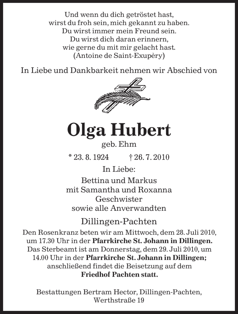 Traueranzeigen Von Olga Hubert Saarbruecker Zeitung Trauer De