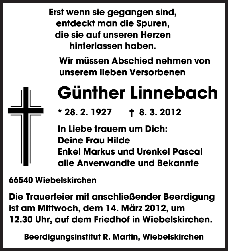 Traueranzeigen Von G Nther Linnebach Saarbruecker Zeitung Trauer De