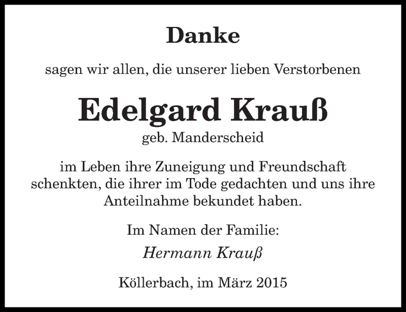  Traueranzeige für Edelgard Krauß vom 06.03.2015 aus saarbruecker_zeitung