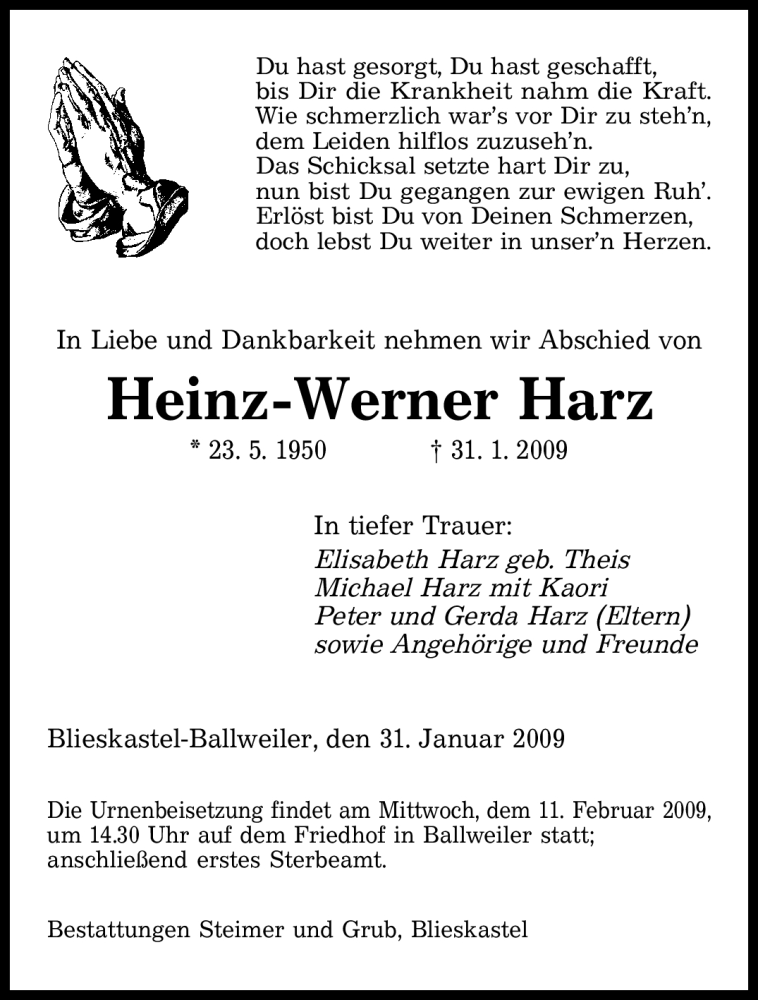 Traueranzeigen Von Heinz Werner Harz Saarbruecker Zeitung Trauer De