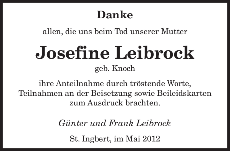 Traueranzeigen Von Josefine Leibrock Saarbruecker Zeitung Trauer De